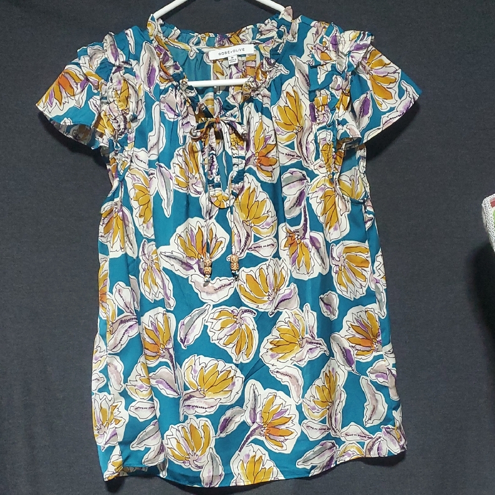 Rose & Olive Relaxed Blue and Orange Short Sleeve Blouse